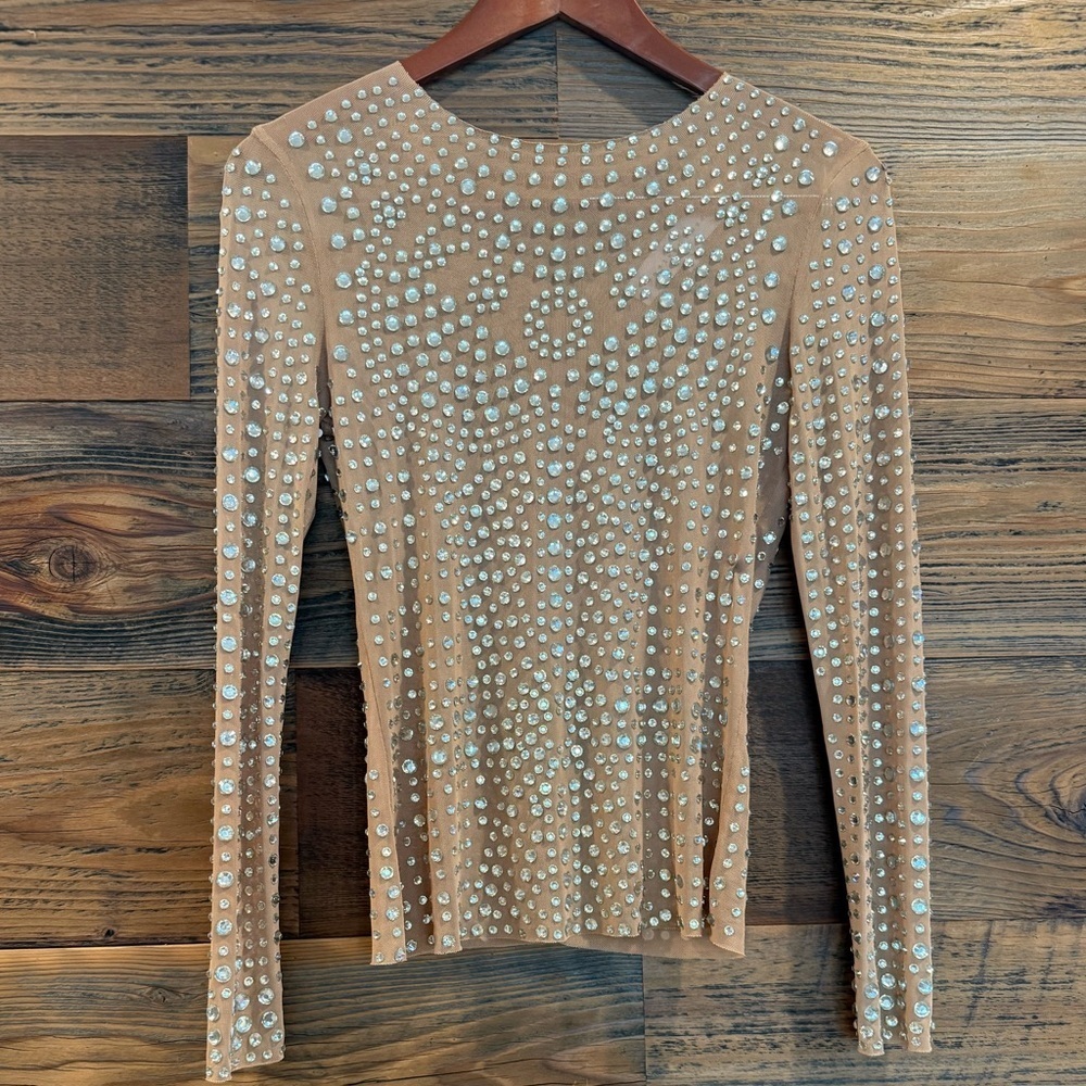 Endless Rose Cream Embellished Fitted Long Sleeve Top NEW